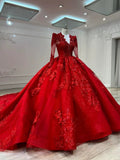 Niulatu Ball Gown V Neckline Red Long Sleeves Lace Long Wedding Dresses With Beads HZ1110