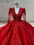 Niulatu Ball Gown V Neckline Red Long Sleeves Lace Long Wedding Dresses With Beads HZ1110
