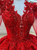 Niulatu Ball Gown V Neckline Red Long Sleeves Lace Long Wedding Dresses With Beads HZ1110