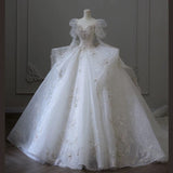 Niulatu Ball Gown Sweetheart Long Sleeves White Lace Wedding Dresses With Beads HZ1110