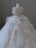 Niulatu Ball Gown Sweetheart Long Sleeves White Lace Wedding Dresses With Beads HZ1110