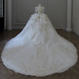 Niulatu Ball Gown Sweetheart Long Sleeves White Lace Wedding Dresses With Beads HZ1110
