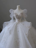 Niulatu Ball Gown Sweetheart Long Sleeves White Lace Wedding Dresses With Beads HZ1110