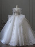 Niulatu Ball Gown Sweetheart Long Sleeves White Lace Wedding Dresses With Beads HZ1110