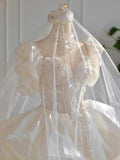 Niulatu Ball Gown High Neckline Short Sleeves White Lace Wedding Dresses With Beads HZ1110