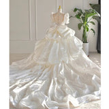 Niulatu Ball Gown High Neckline Short Sleeves White Lace Wedding Dresses With Beads HZ1110