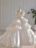 Niulatu Ball Gown High Neckline Short Sleeves White Lace Wedding Dresses With Beads HZ1110