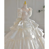 Niulatu Ball Gown High Neckline Short Sleeves White Lace Wedding Dresses With Beads HZ1110