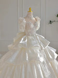 Niulatu Ball Gown High Neckline Short Sleeves White Lace Wedding Dresses With Beads HZ1110