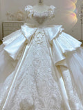 Niulatu Ball Gown Sweetheart Short Puffy Sleeves White Lace Wedding Dresses With Beads HZ1110