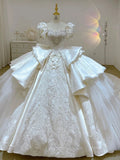 Niulatu Ball Gown Sweetheart Short Puffy Sleeves White Lace Wedding Dresses With Beads HZ1110