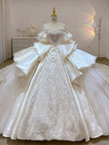 Niulatu Ball Gown Sweetheart Short Puffy Sleeves White Lace Wedding Dresses With Beads HZ1110