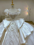 Niulatu Ball Gown Sweetheart Short Puffy Sleeves White Lace Wedding Dresses With Beads HZ1110