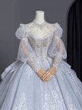Niulatu Ball Gown Sweetheart Long Puffy Sleeves Lace Wedding Dresses With Beads HZ1110