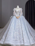Niulatu Ball Gown Sweetheart Long Puffy Sleeves Lace Wedding Dresses With Beads HZ1110