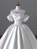 Niulatu Ball Gown Sweetheart Long Puffy Sleeves Satin Wedding Dresses With Flowers HZ1110