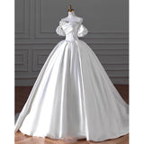 Niulatu Ball Gown Sweetheart Long Puffy Sleeves Satin Wedding Dresses With Flowers HZ1110