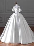 Niulatu Ball Gown Sweetheart Long Puffy Sleeves Satin Wedding Dresses With Flowers HZ1110