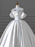 Niulatu Ball Gown Sweetheart Long Puffy Sleeves Satin Wedding Dresses With Flowers HZ1110