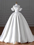 Niulatu Ball Gown Sweetheart Long Puffy Sleeves Satin Wedding Dresses With Flowers HZ1110
