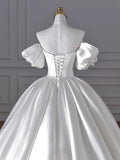 Niulatu Ball Gown Sweetheart Long Puffy Sleeves Satin Wedding Dresses With Flowers HZ1110