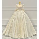 Niulatu Ball Gown Sweetheart Long Puffy Sleeves Sequin Wedding Dresses With Bowknot HZ1110
