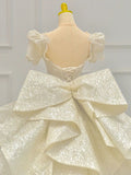 Niulatu Ball Gown Sweetheart Long Puffy Sleeves Sequin Wedding Dresses With Bowknot HZ1110