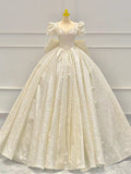 Niulatu Ball Gown Sweetheart Long Puffy Sleeves Sequin Wedding Dresses With Bowknot HZ1110