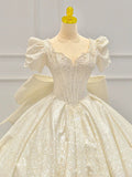 Niulatu Ball Gown Sweetheart Short Sleeves White Lace Wedding Dresses With Beads HZ1110