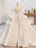 Niulatu Ball Gown Sweetheart Short Sleeves White Lace Wedding Dresses With Beads HZ1110