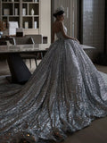 Niulatu Ball Gown Sweetheart Sequin Silver Long Wedding Dresses With Beads HZ1110