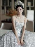 Niulatu Ball Gown Sweetheart Sequin Silver Long Wedding Dresses With Beads HZ1110