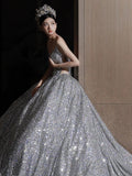 Niulatu Ball Gown Sweetheart Sequin Silver Long Wedding Dresses With Beads HZ1110