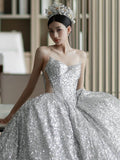 Niulatu Ball Gown Sweetheart Sequin Silver Long Wedding Dresses With Beads HZ1110