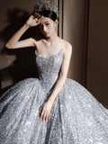 Niulatu Ball Gown Sweetheart Sequin Silver Long Wedding Dresses With Beads HZ1110