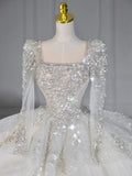 Niulatu Ball Gown Square Neckline Sequin White Long Sleeves Wedding Dresses With Beads HZ1110