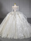 Niulatu Ball Gown Square Neckline Sequin White Long Sleeves Wedding Dresses With Beads HZ1110