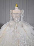Niulatu Ball Gown Square Neckline Sequin White Long Sleeves Wedding Dresses With Beads HZ1110