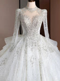 Niulatu Ball Gown High Neckline Sequin White Long Sleeves Wedding Dresses With Beads HZ1110