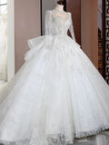 Niulatu Ball Gown High Neckline Sequin White Long Sleeves Wedding Dresses With Beads HZ1110