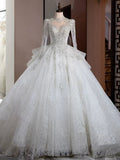 Niulatu Ball Gown High Neckline Sequin White Long Sleeves Wedding Dresses With Beads HZ1110