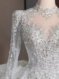 Niulatu Ball Gown High Neckline Sequin White Long Sleeves Wedding Dresses With Beads HZ1110