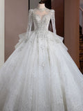 Niulatu Ball Gown High Neckline Sequin White Long Sleeves Wedding Dresses With Beads HZ1110