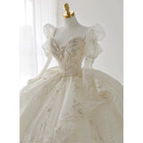 Niulatu Ball Gown Sweetheart Sequin White Long Sleeves Wedding Dresses With Beads HZ1110