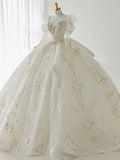 Niulatu Ball Gown Sweetheart Sequin White Long Sleeves Wedding Dresses With Beads HZ1110