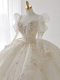 Niulatu Ball Gown Sweetheart Sequin White Long Sleeves Wedding Dresses With Beads HZ1110