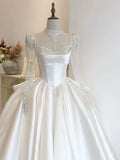 Niulatu Ball Gown Sweetheart White Long Sleeves Satin Wedding Dresses With Beads HZ1110