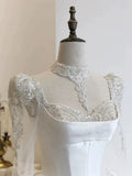 Niulatu Ball Gown Sweetheart White Long Sleeves Satin Wedding Dresses With Beads HZ1110