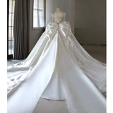 Niulatu Ball Gown Sweetheart White Long Sleeves Satin Wedding Dresses With Beads Bow HZ1110