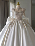 Niulatu Ball Gown Sweetheart White Long Sleeves Satin Wedding Dresses With Beads Bow HZ1110